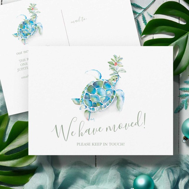 Carte Postale Faire-part de déplacement de la tortue marine de N (Beach Christmas postcards watercolor sea turtle moving announcements art by Victoria Grigaliunas)