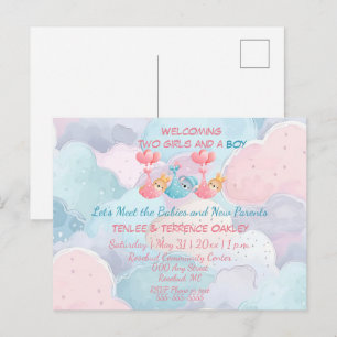 Carte Postale Faire-part de douche pour triplés Deux Filles et U