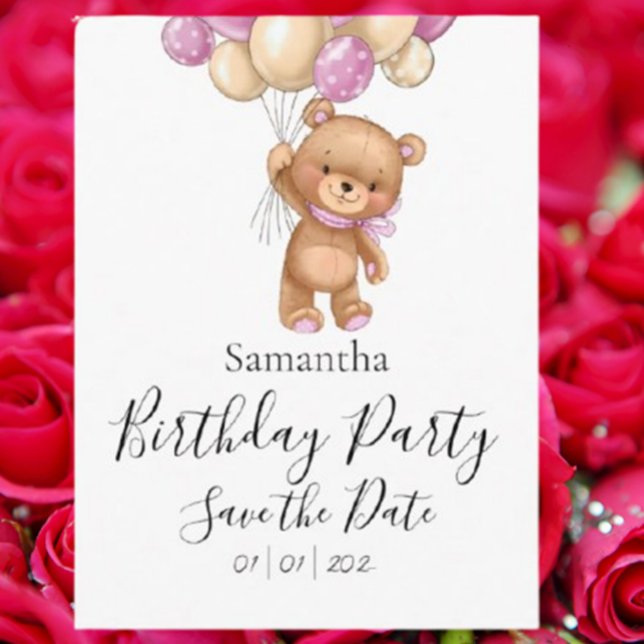 Carte Postale Faire-part de fête d'anniversaire Rose Teddy Bear  (Announce your special day with a charming Teddy Bear Pink Birthday Party Save the Date postcard. )