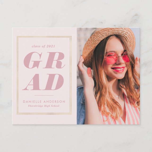 Carte Postale faire-part de graduation rose cadre or (Devant)
