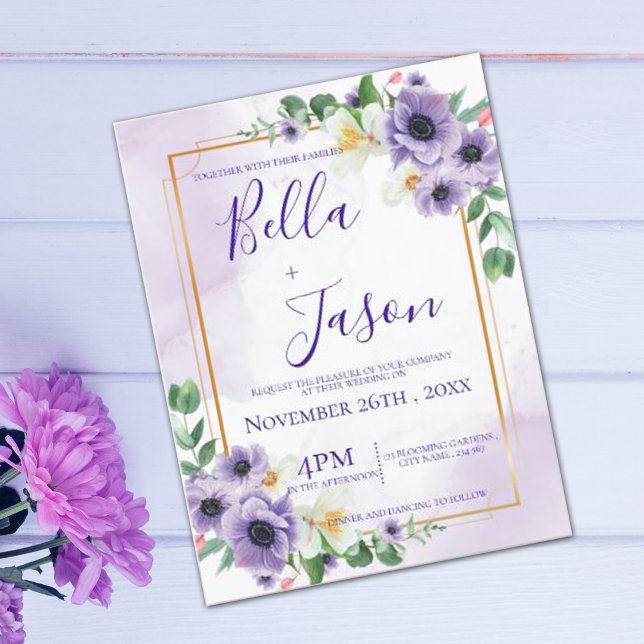 Carte Postale Faire-part de mariage à cadre d'or blanc violet (Créateur téléchargé)