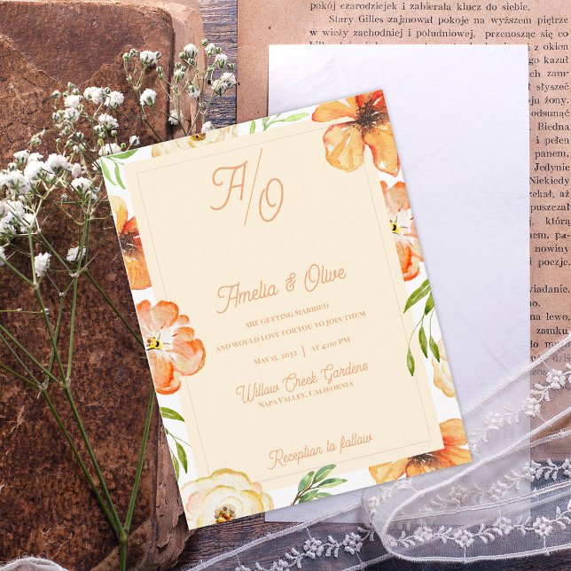 Carte Postale Faire-part de mariage à monogramme floral de Prair (Soft Peach Garden Meadow Florals Monogram Save the Date | Watercolor Floral Wedding Save the Date)
