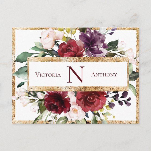 Carte Postale Faire-part de mariage à motif floral Monogramme de (Devant)