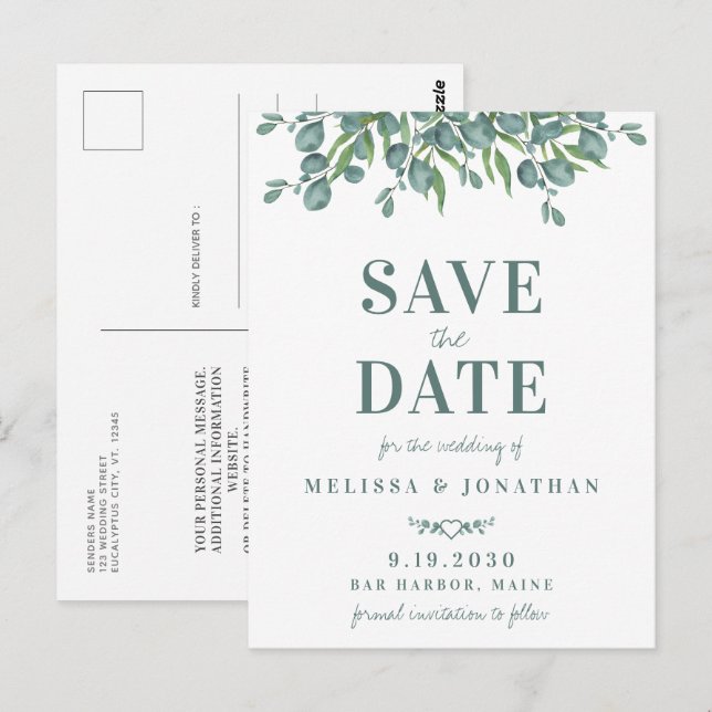 Carte Postale Faire-Part de Mariage avec Feuillage de Eucalyptus (Devant / Derrière)
