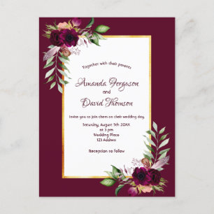 Carte Postale Faire-part de mariage de bouho d'or bordeaux
