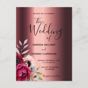 Carte Postale Faire-part de mariage de cuivre des flores bordeau