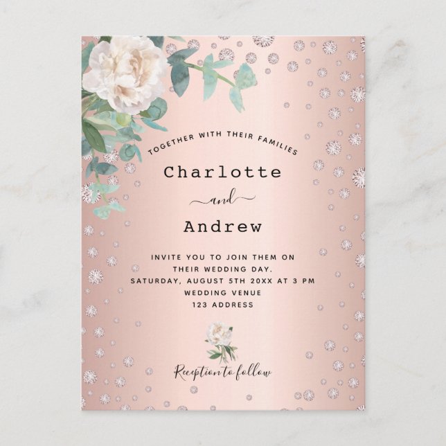 Carte Postale faire-part de mariage de diamants rose en or (Devant)