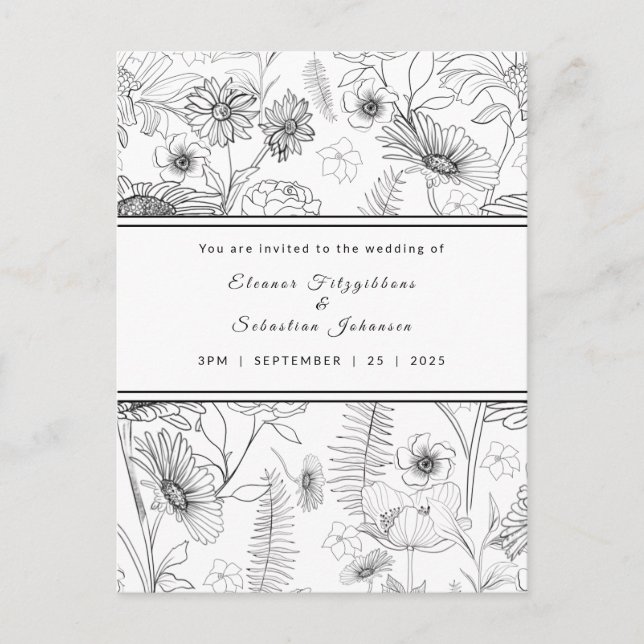 Carte Postale Faire-part de mariage de fleur marguerite noire et (Devant)