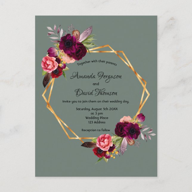 Carte Postale Faire-part de mariage de fleurs bordeaux vert Sage (Devant)