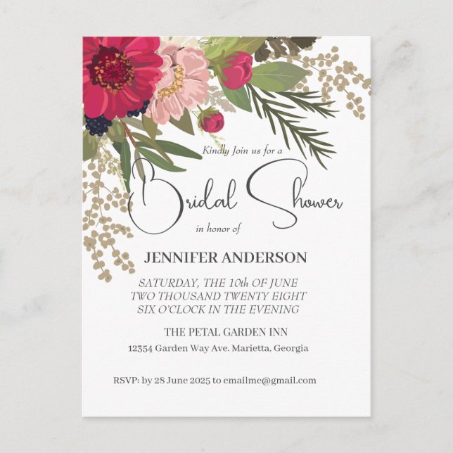 Carte Postale Faire-part de mariage floral rouge et vert (Devant)