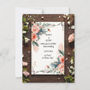 Carte Postale Faire-part de mariage motif rose sur fond en bois