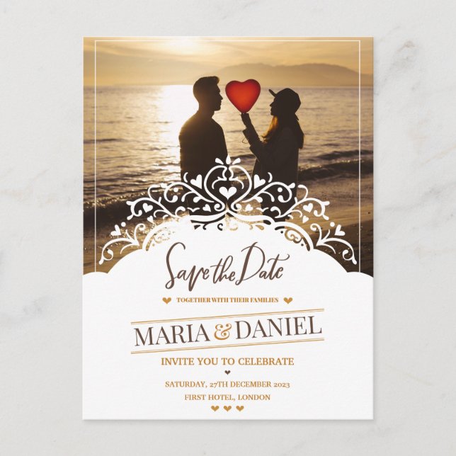 CARTE POSTALE FAIRE-PART DE MARIAGE ORNAMENTALE AVEC PHOTOS (Devant)