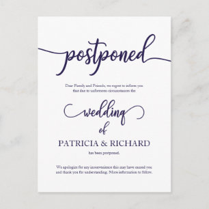 Carte Postale Faire-part de mariage reporté Navy Blue Script