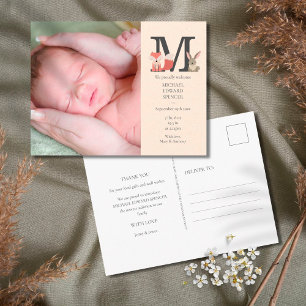 Carte Postale Faire-part de naissance avec monogramme et photo d