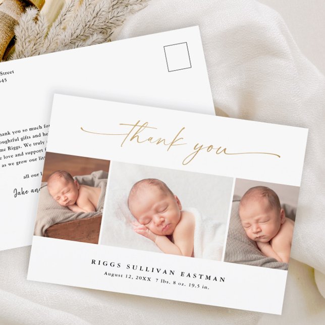 Carte Postale Faire-part de naissance collage de 3 photos avec é (Modern elegant gold script 3 photo baby thank you card birth announcement.)
