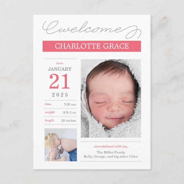 Carte Postale Faire-part de naissance couleur personnalisée élég (Devant)