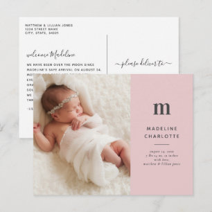 Carte Postale Faire-part de naissance de fille minimaliste rose