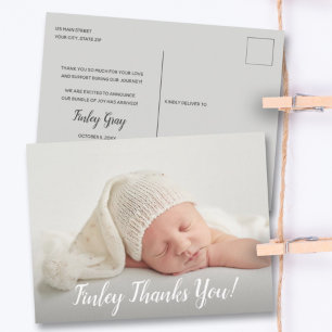 Carte Postale Faire-part de naissance de script Merci photo bébé