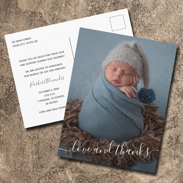 Carte Postale Faire-part de naissance de script Merci photo bébé (Créateur téléchargé)