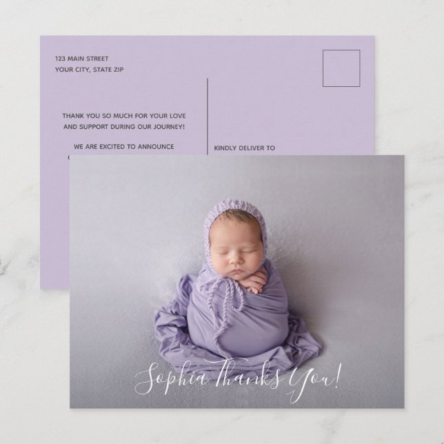 Carte Postale Faire-part de naissance de script Merci photo bébé (Devant / Derrière)