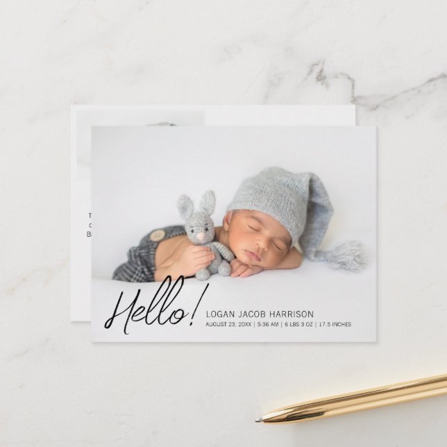 Carte Postale Faire-part de naissance deux photos moderne Hello (Devant/Arrière en situation)