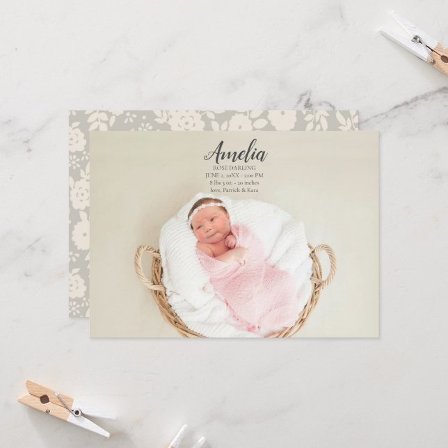 Carte postale Faire-part de naissance fille bébé (Devant/Arrière en situation)