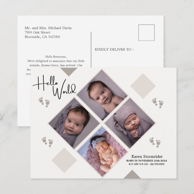 Carte Postale faire-part de naissance nouveau-né simple avec pho (Devant / Derrière)