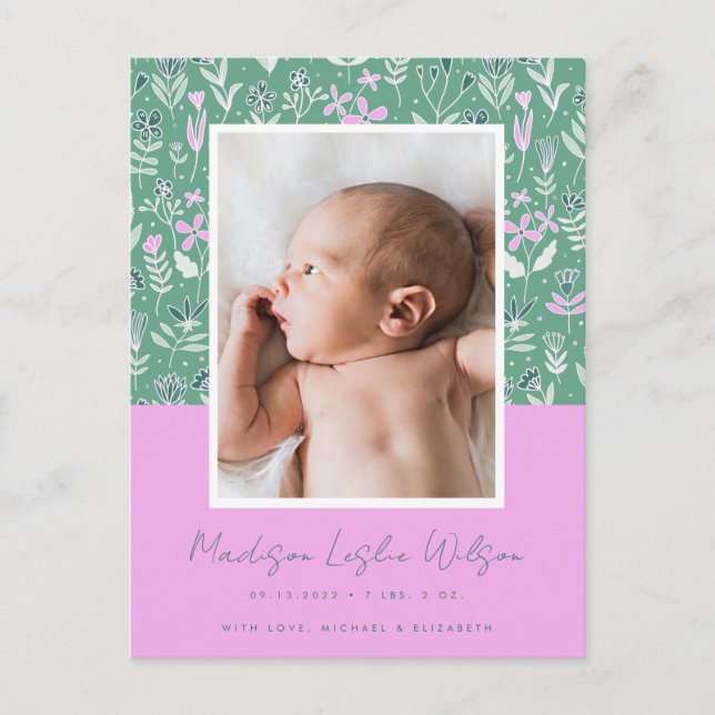 Carte Postale FAIRE-PART DE NAISSANCE Pastel Floral (Devant)