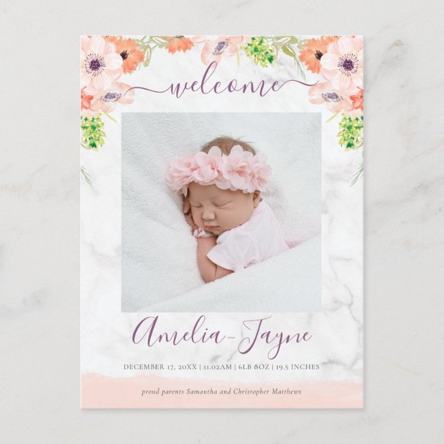 Carte Postale Faire-part de naissance photo Girl Floral Marble (Devant)