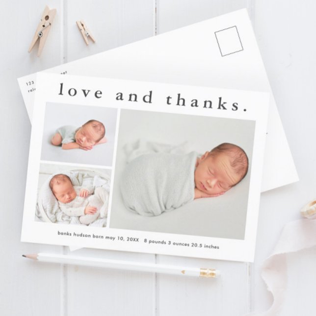 Carte Postale Faire-part de naissance photo simple pour bébé (Simple 3 photo baby announcement thank you postcard.)