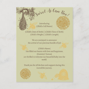 Carte Postale Faire-part de naissance vintage Honey Bumblebee
