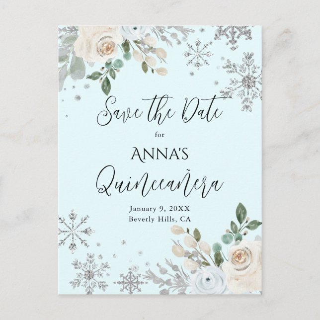 Carte Postale Faire part de Quinceanera floral hivernal bleu cla (Devant)