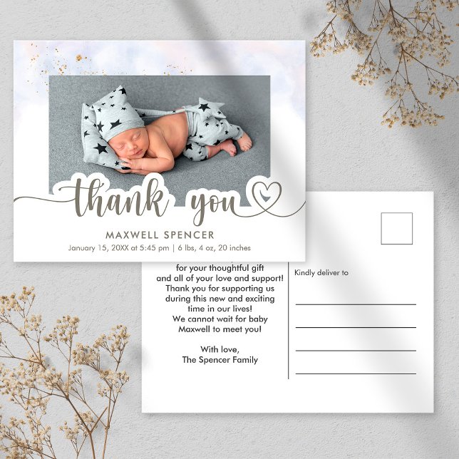 Carte Postale Faire-part de remerciement pour bébé garçon avec p (Créateur téléchargé)