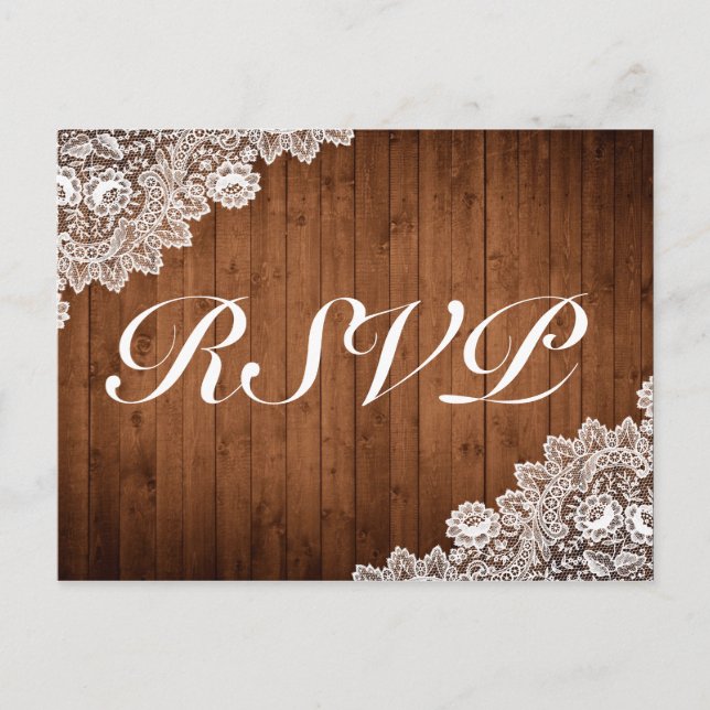 Carte Postale Faire-part de réponse Rustic Wood & White Lace (Devant)