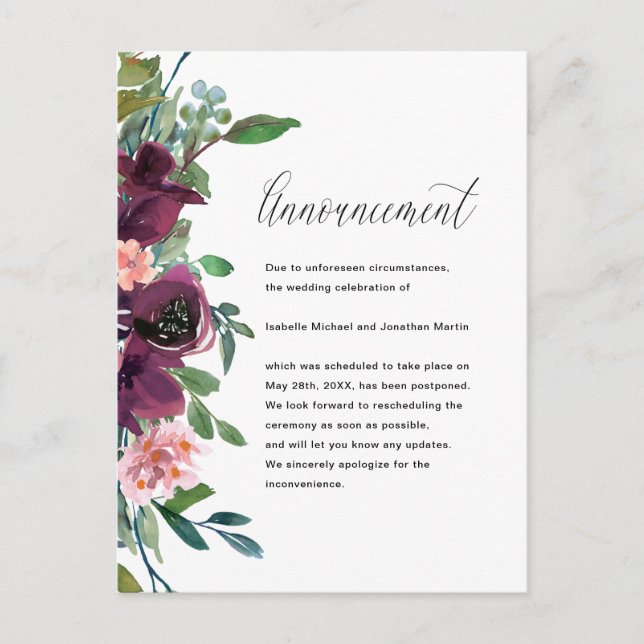 Carte Postale Faire-part de report Mariage floral (Devant)
