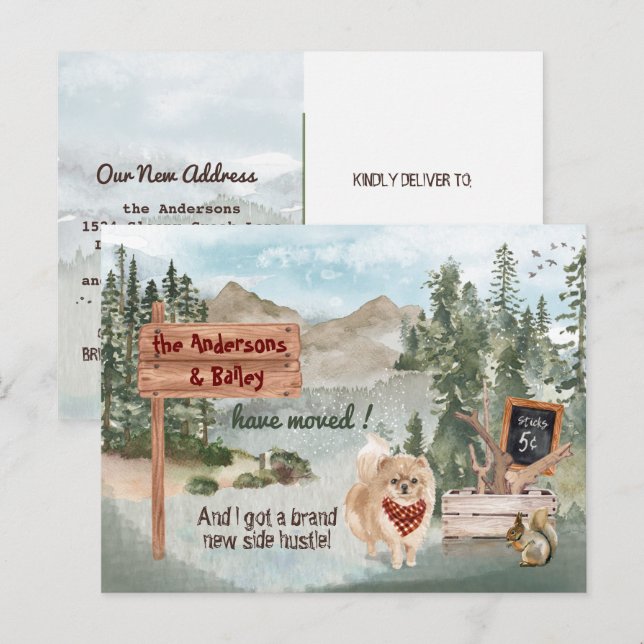 Carte Postale Faire-part Déménagement de chien Poméranie Nouveau lieu en zo (Devant / Derrière)
