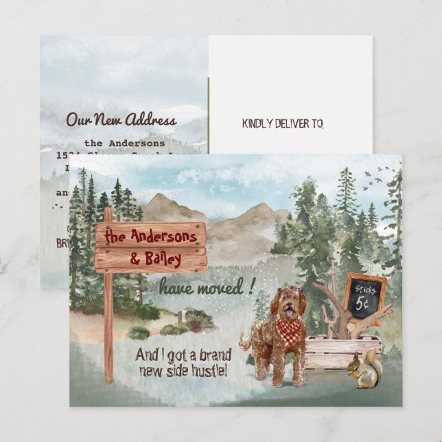 Carte Postale Faire-part Déménager Brown Labradoodle Woodland Nouvelle adre (Devant / Derrière)