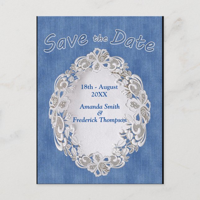 Carte Postale Faire-part Denim avec dentelle de fleurs crème (Devant)