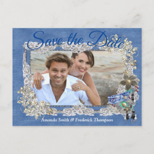 Carte Postale Faire-part Denim avec dentelle de fleurs de crème et bijoux f