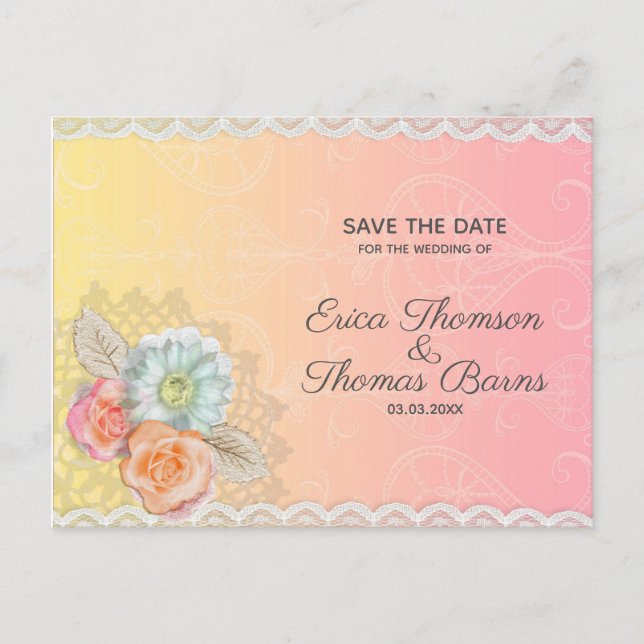 Carte Postale Faire-part Dentelle Blanche Et Fleurs (Devant)