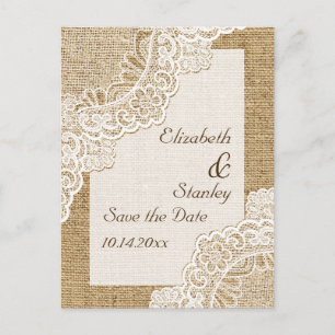 Carte Postale Faire-part Dentelle blanche rustique sur burlap mariage Enreg