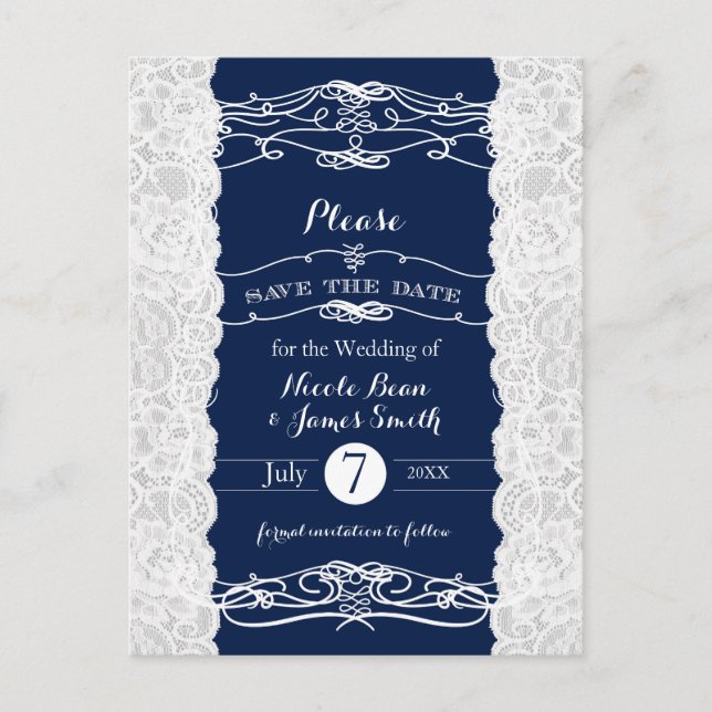 Carte Postale Faire-part Dentelle Bleue & Blanche Élégante Mariage Enregist (Devant)