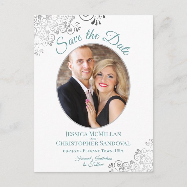 Carte Postale Faire-part Dentelle d'argent Turquoise Mariage blanc Enregist (Devant)