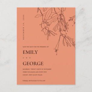 CARTE POSTALE FAIRE-PART DESSIN AU TRAIT ROUGE ROUILLE ORANGE FLEURS ENREGI