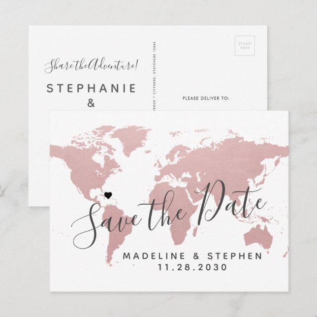 Carte Postale Faire-part Destination Mariage Enregistrer Date Blush Pink Ma (Devant / Derrière)