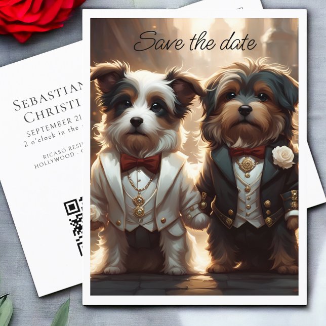 Carte Postale Faire-part Deux chiens mignons habillés pour un mariage gay c (Two Cute Dog Grooms Gay Wedding Save the Date Announcement Postcards from Ricaso. Mr & Mr fluffy dog)