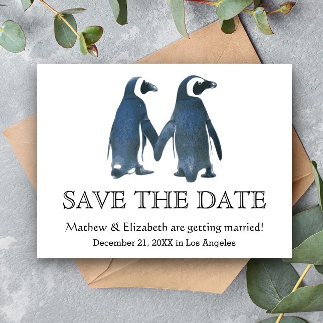 Carte Postale Faire-part Deux mignons pingouins | Mariage Romantique Sauvez (Créateur téléchargé)