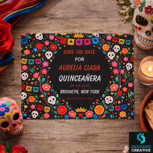 Carte Postale Faire-part Diadème Floral de Fête Mexicaine Noir Or Quinceañe