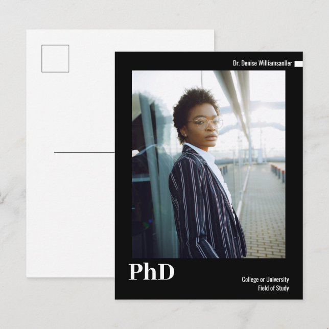 Carte Postale Faire-part Diplôme de doctorat de photo noir blanc minimal (Devant / Derrière)
