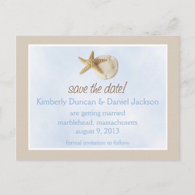 Carte Postale Faire-part Dollar de sable et Starfish Enregistrer la date (Devant)
